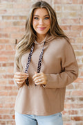 Ribbed Knit Leopard & Lace Drawstring Hoodie