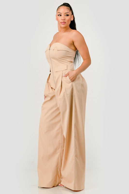 Beige Strapless Wide-Leg Jumpsuit