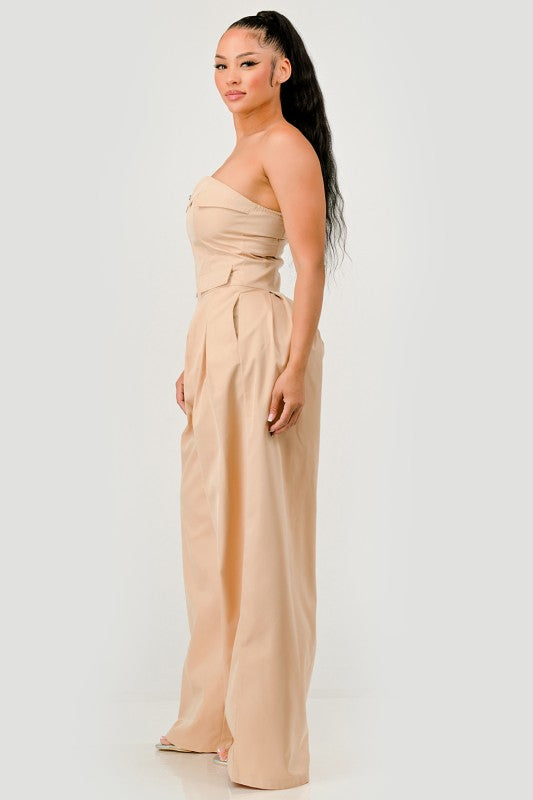Beige Strapless Wide-Leg Jumpsuit