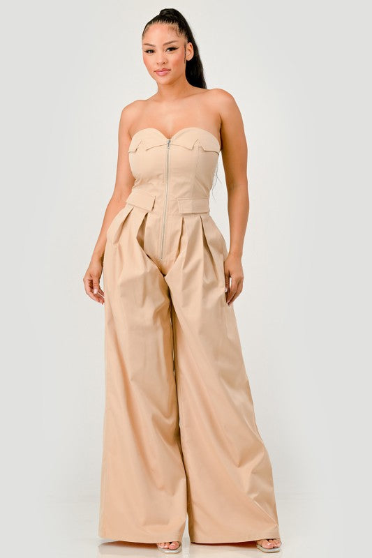 Beige Strapless Wide-Leg Jumpsuit