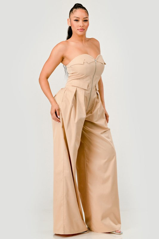 Beige Strapless Wide-Leg Jumpsuit