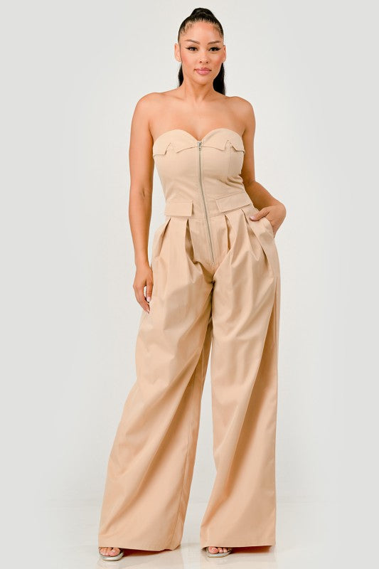 Beige Strapless Wide-Leg Jumpsuit