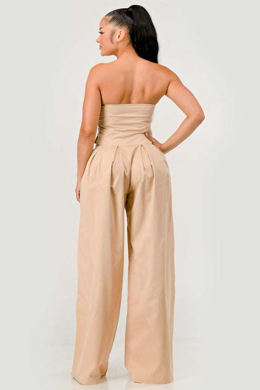 Beige Strapless Wide-Leg Jumpsuit