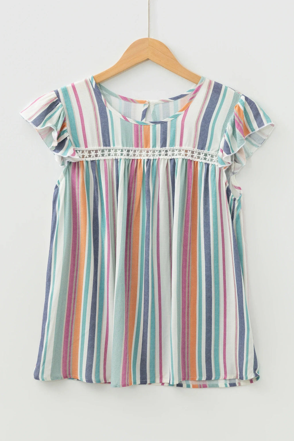 Stripe Lace Hollow-Out Flutter Sleeve Blouse