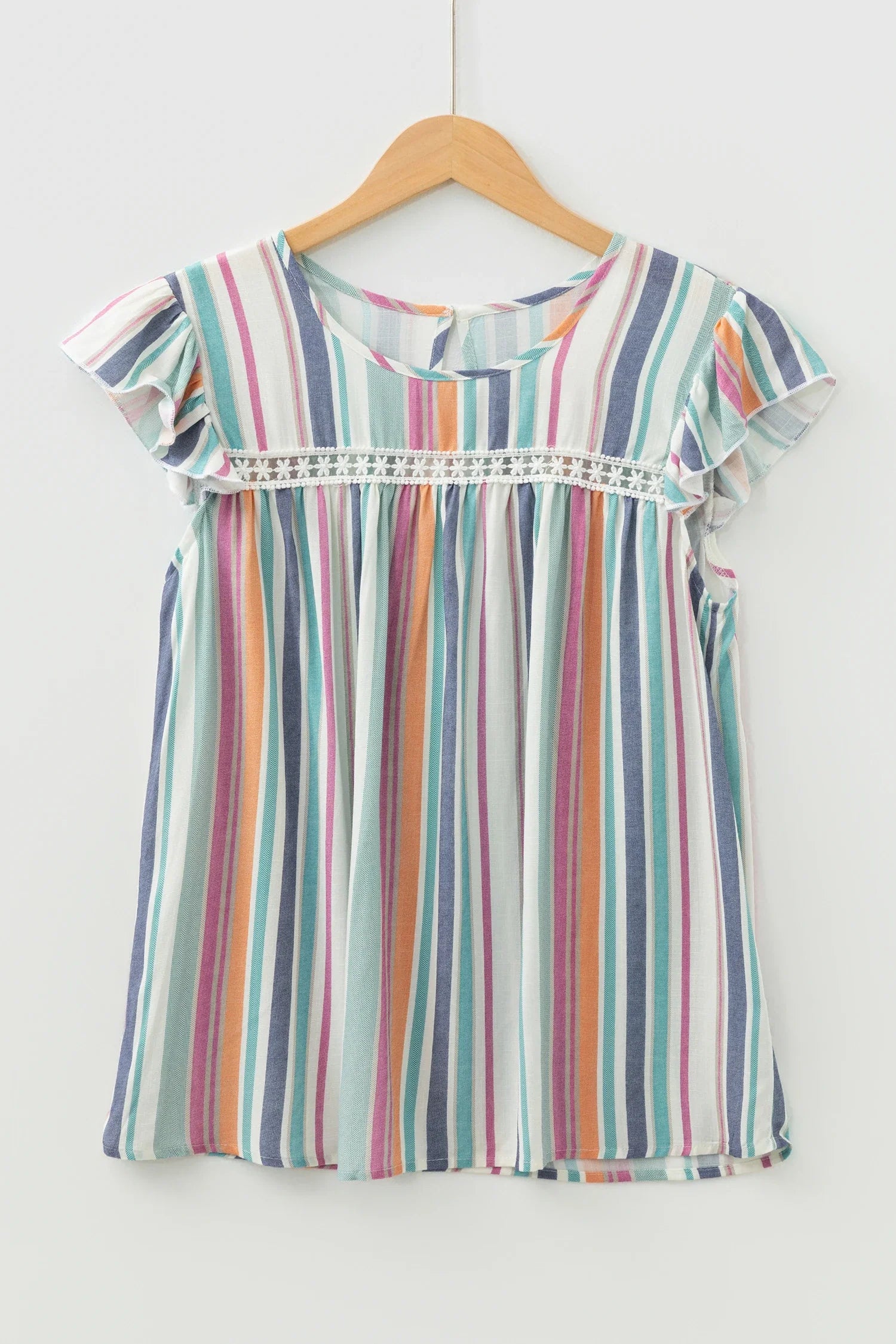 Stripe Lace Hollow-Out Flutter Sleeve Blouse