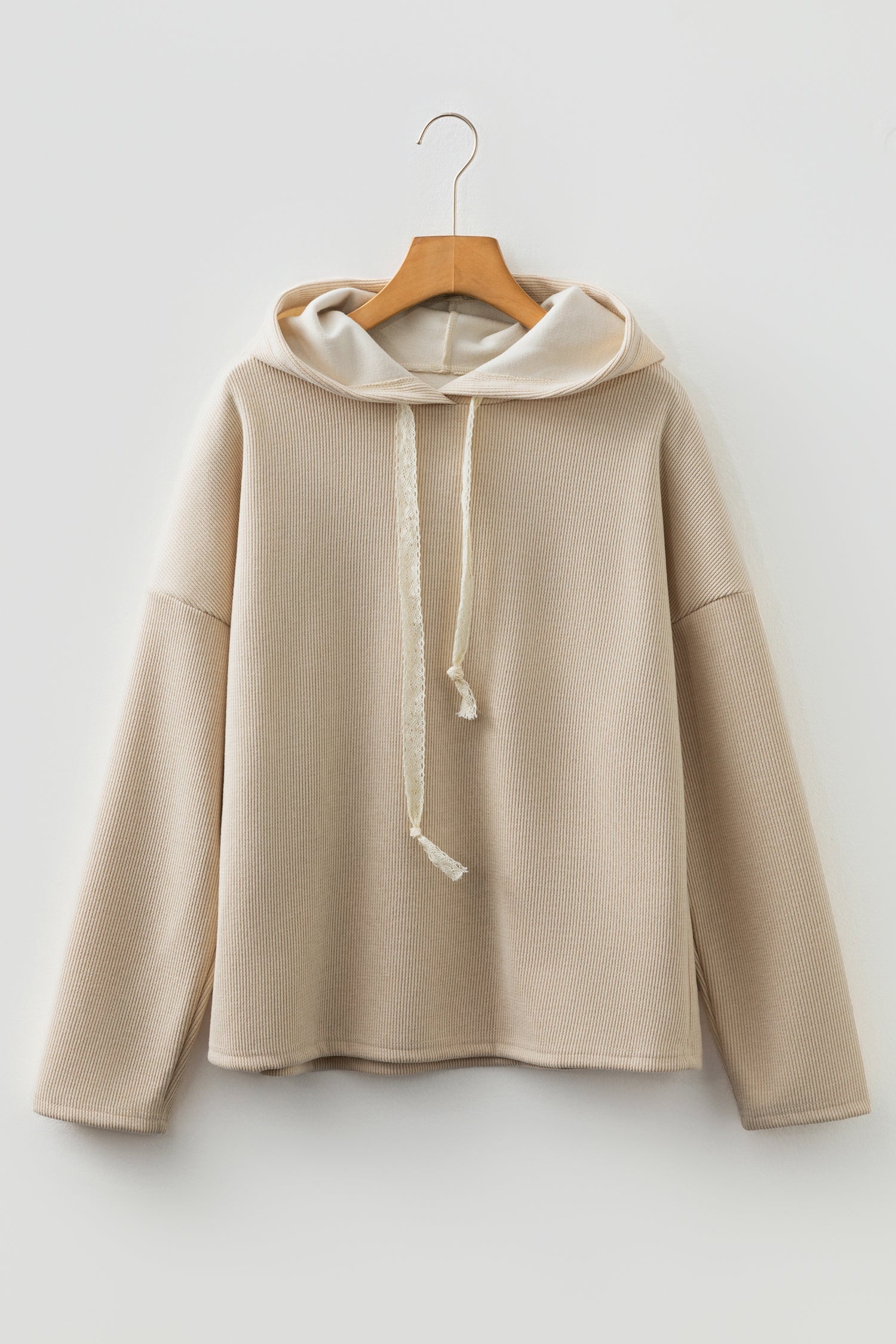 Ribbed Knit Leopard & Lace Drawstring Hoodie